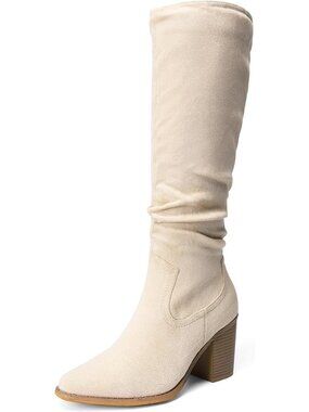 DREAM PAIRS Women's Beige Slouchy Knee-High Chunky Block Heel Boots Pull-On